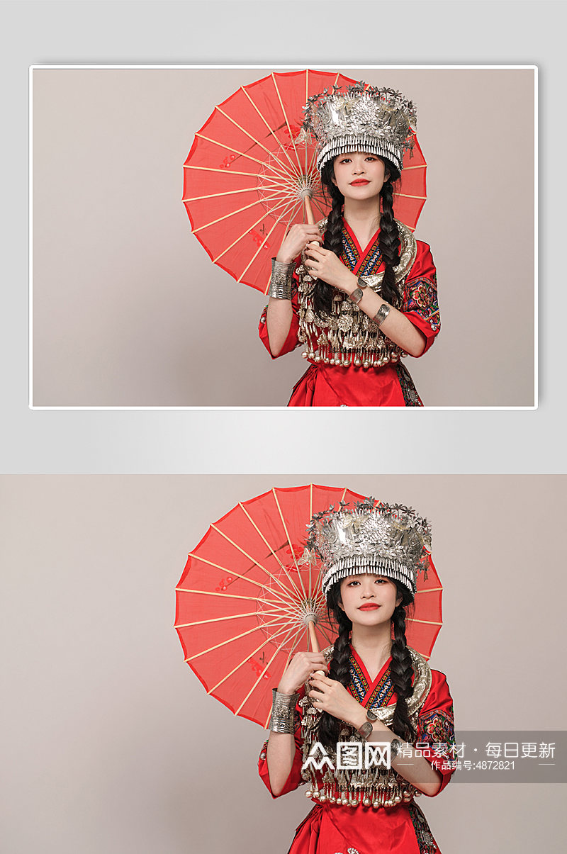苗族少数民族少女撑纸伞银饰服饰摄影图片素材