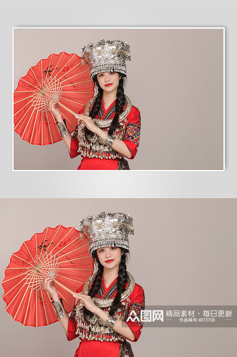 纸伞苗族少数民族少女银饰服饰摄影图片素材