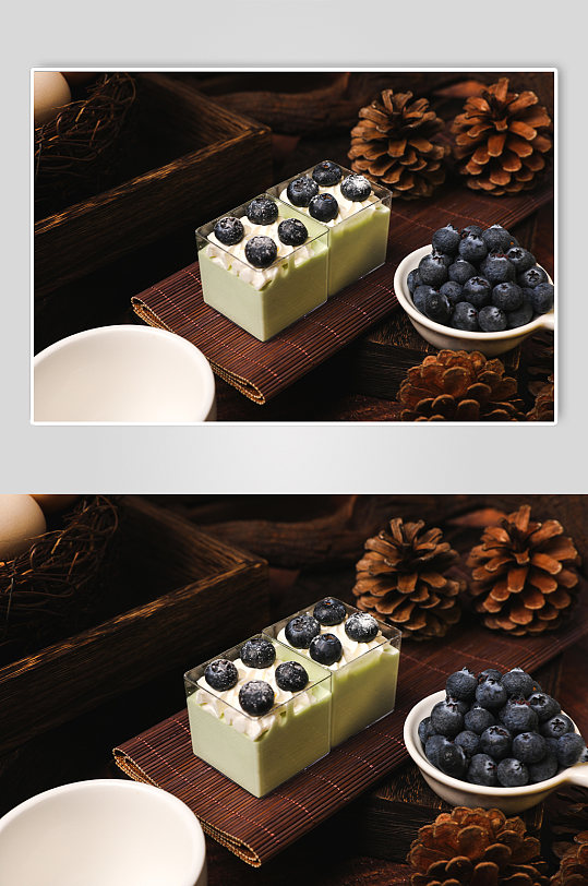 田园棕色背景松果蓝莓蛋糕甜品美食摄影图片