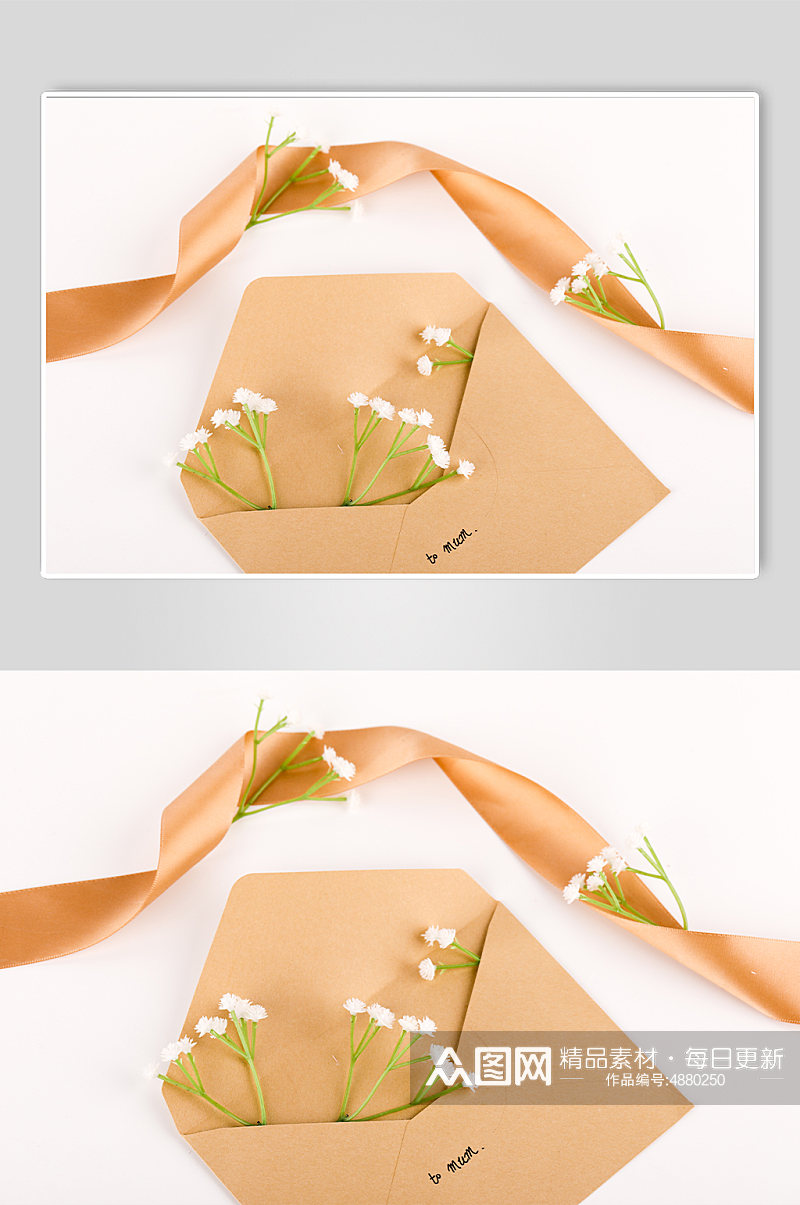 小清新白色背景信封带花母亲节物品摄影图片素材