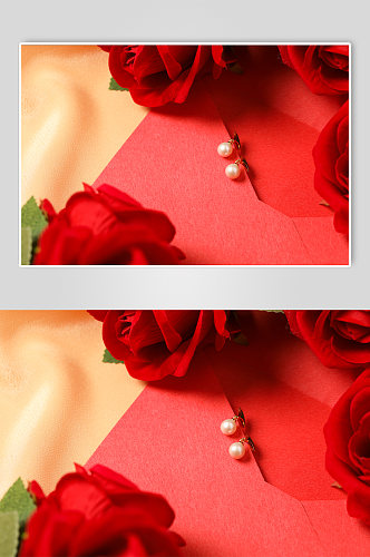 简洁红色玫瑰珍珠耳钉母亲节物品摄影图片
