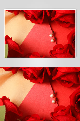 简洁红色玫瑰花珍珠耳钉母亲节物品摄影图片
