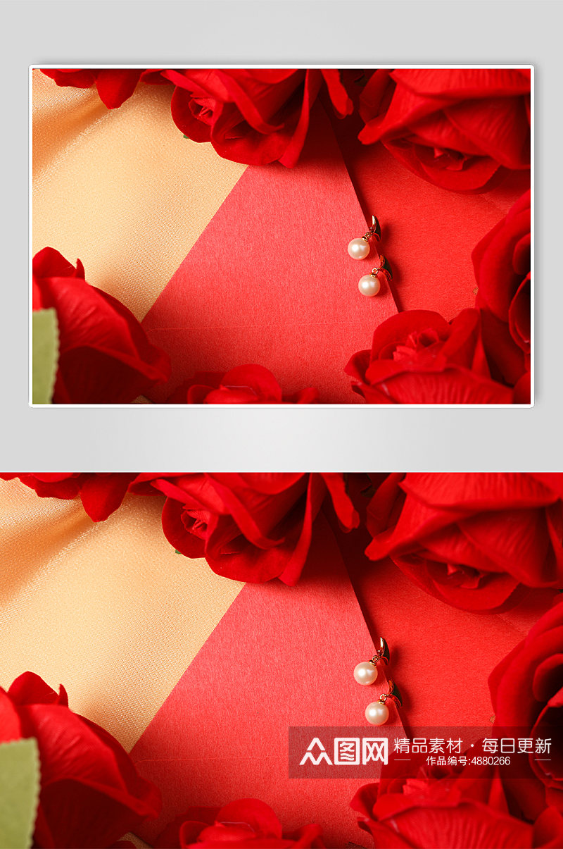 简洁红色玫瑰花珍珠耳钉母亲节物品摄影图片素材