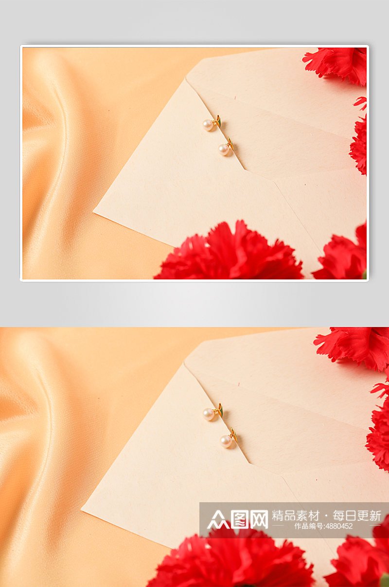 简洁康乃馨珍珠耳钉母亲节物品摄影图片素材