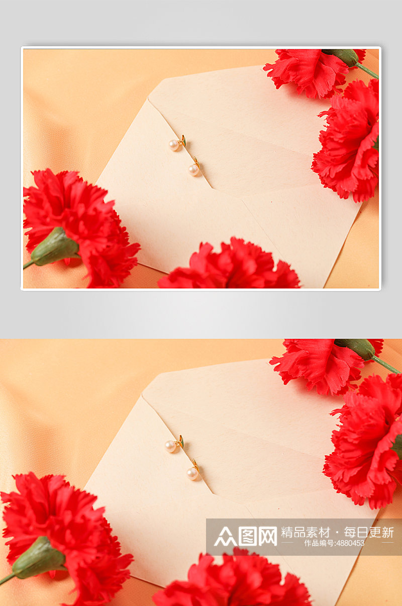 简洁大气康乃馨珍珠耳钉母亲节物品摄影图片素材