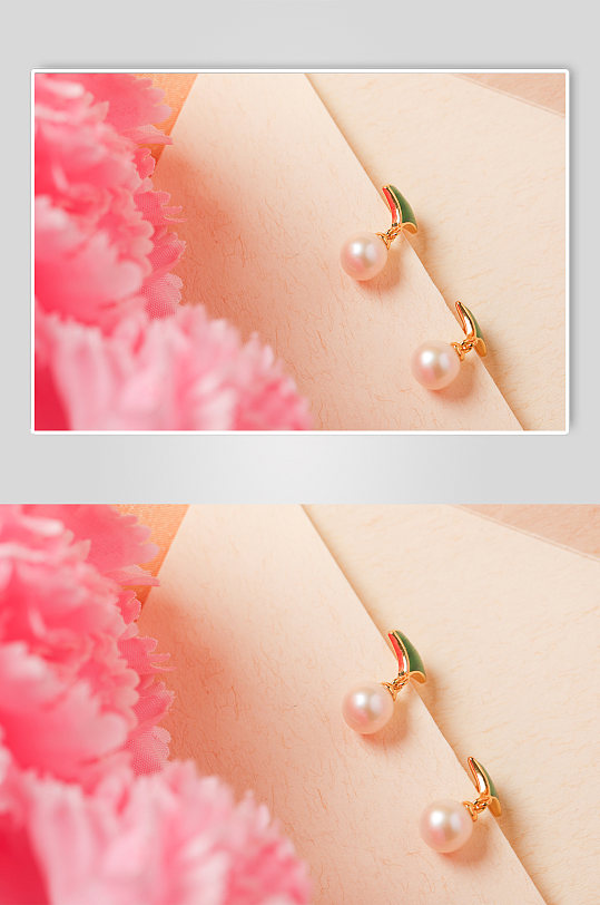 极简粉色康乃馨珍珠耳钉母亲节物品摄影图片