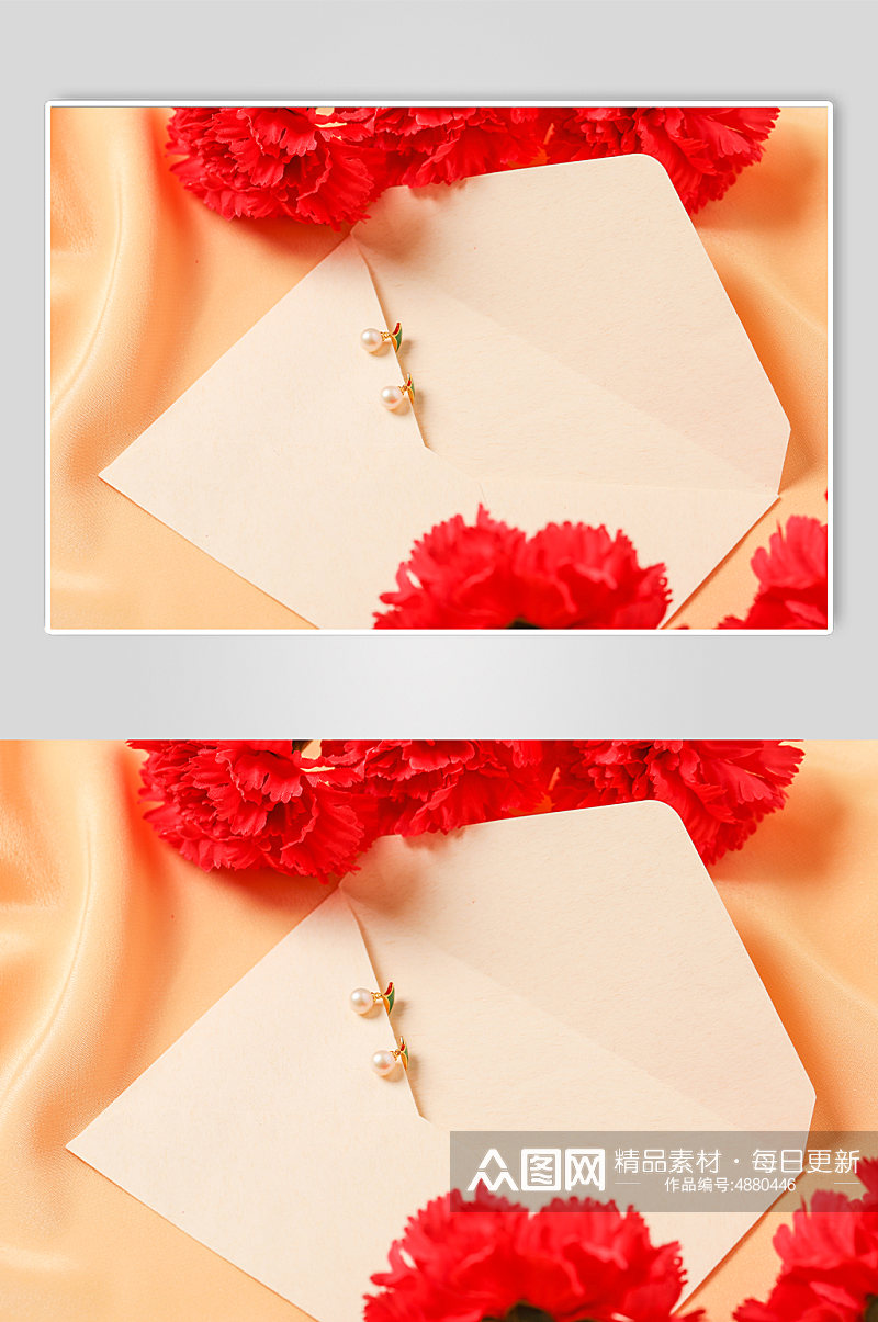 简洁红色康乃馨珍珠耳钉母亲节物品摄影图片素材