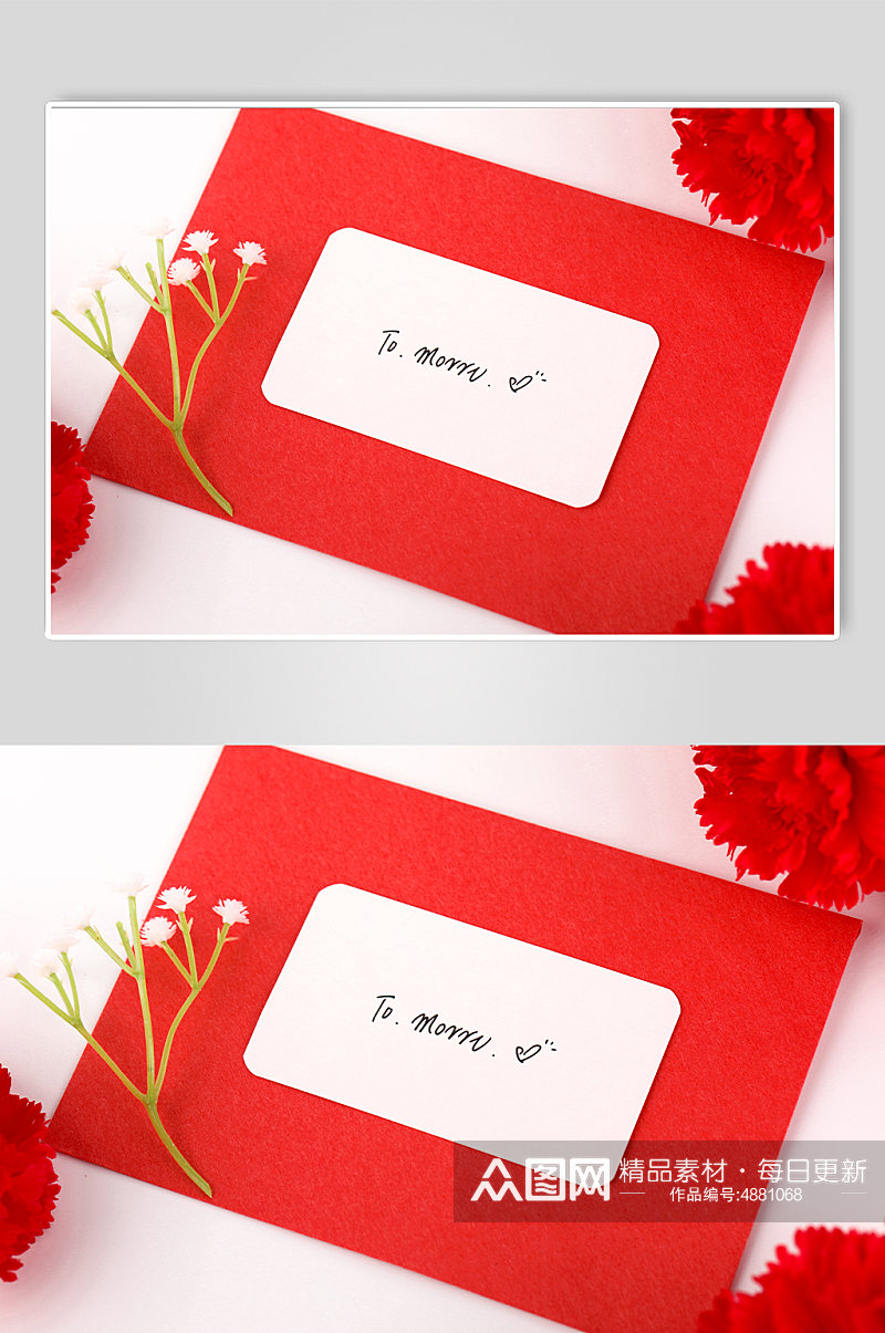 简洁大气红色贺卡带花母亲节物品摄影图片素材