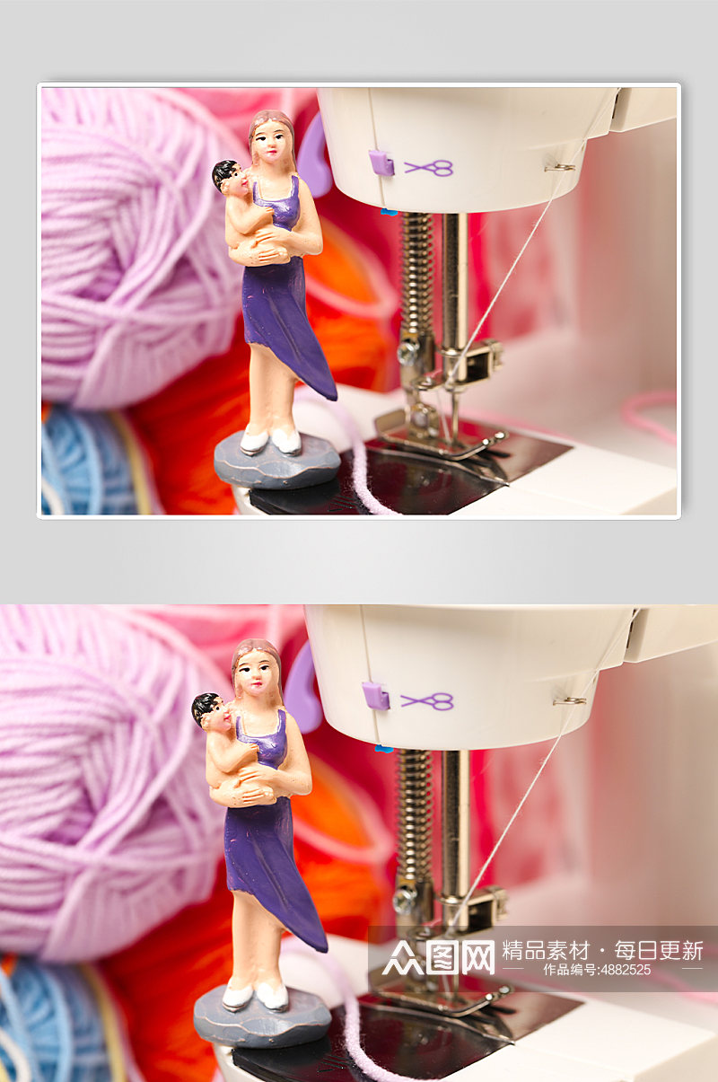 简洁娃娃缝纫机线团母亲节物品摄影图片素材