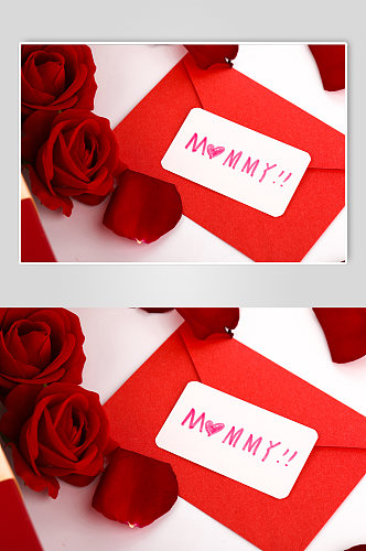 小清新玫瑰花带英文贺卡母亲节物品摄影图片