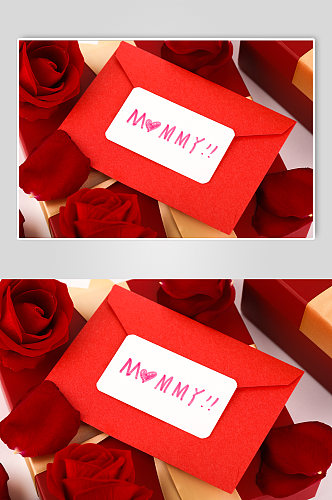 简洁红色玫瑰贺卡礼盒母亲节物品摄影图片