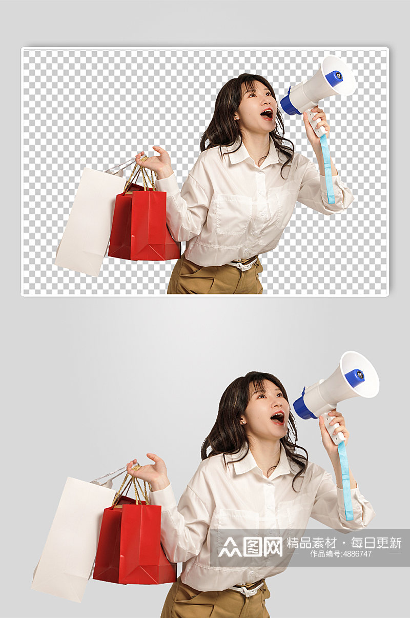 商场购物女生购物袋喇叭PNG免抠摄影图素材