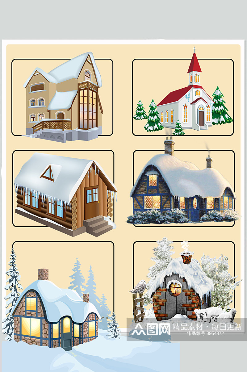 冬天雪景小木屋插画素材素材