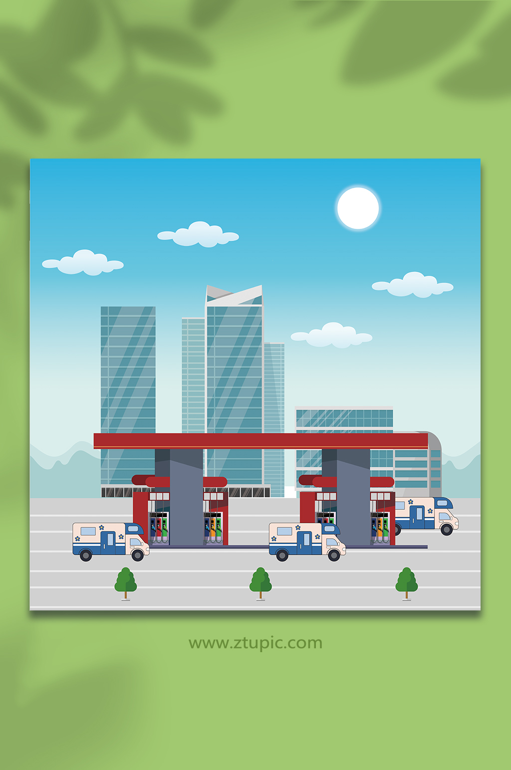 简约卡通手绘汽车加油站场景人物插画素材