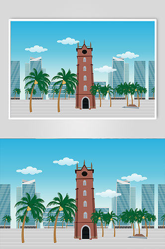 简约写实海口城市地标建筑插画