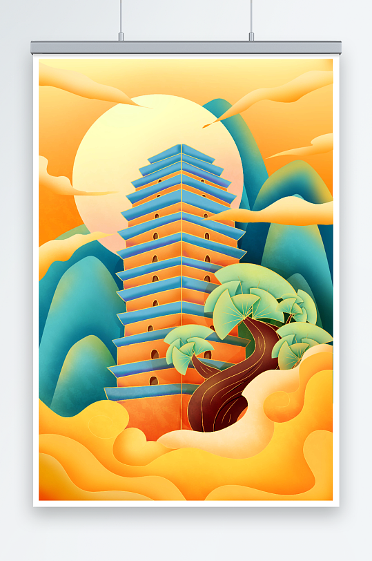 手绘国潮风昆明城市地标建筑插画