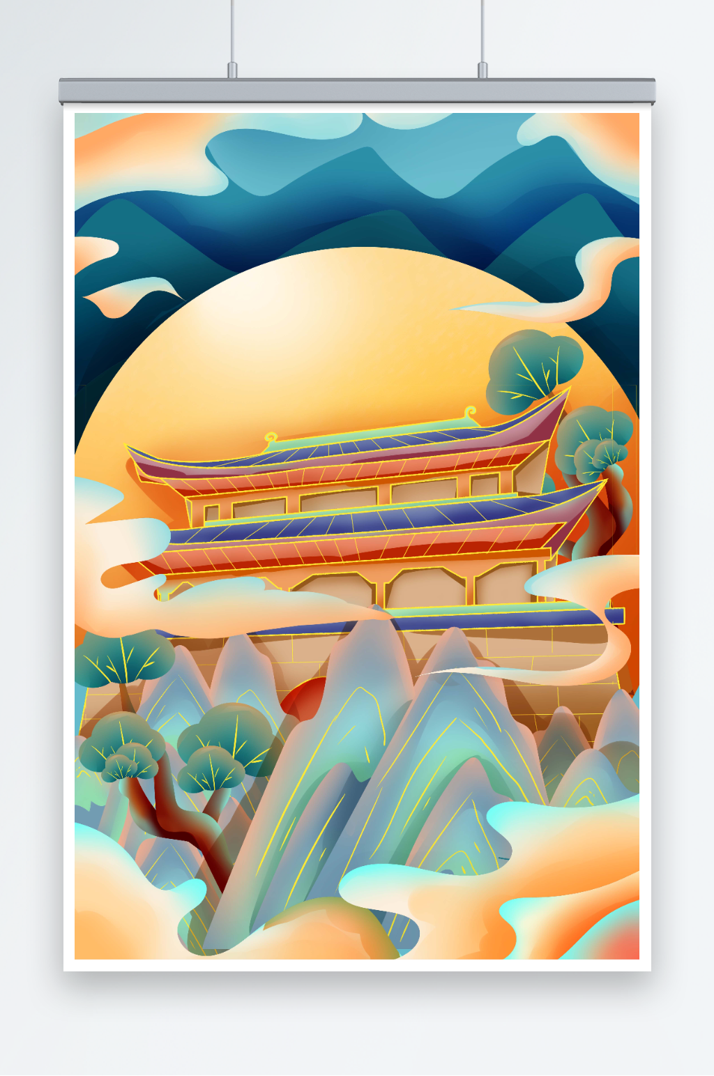 手绘国潮昆明城市地标建筑插画素材