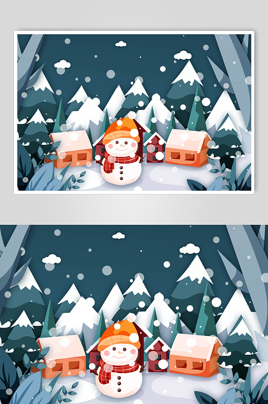 可爱雪人矢量冬季雪景AI矢量插画