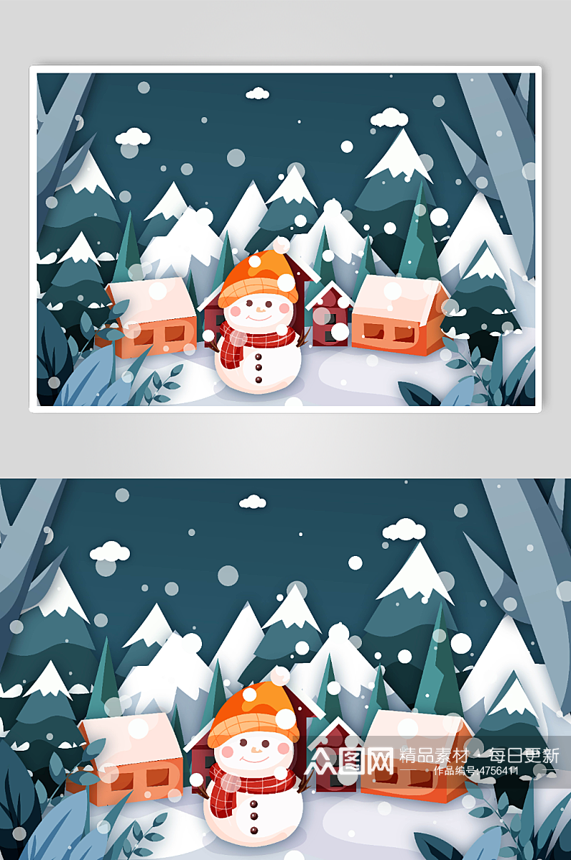 可爱雪人矢量冬季雪景AI矢量插画素材