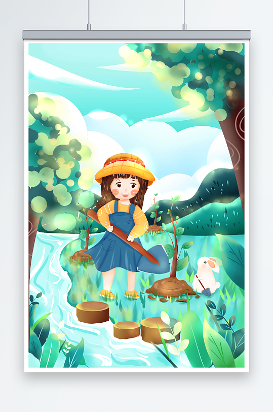 手绘卡通小女孩植树节人物插画-众图网