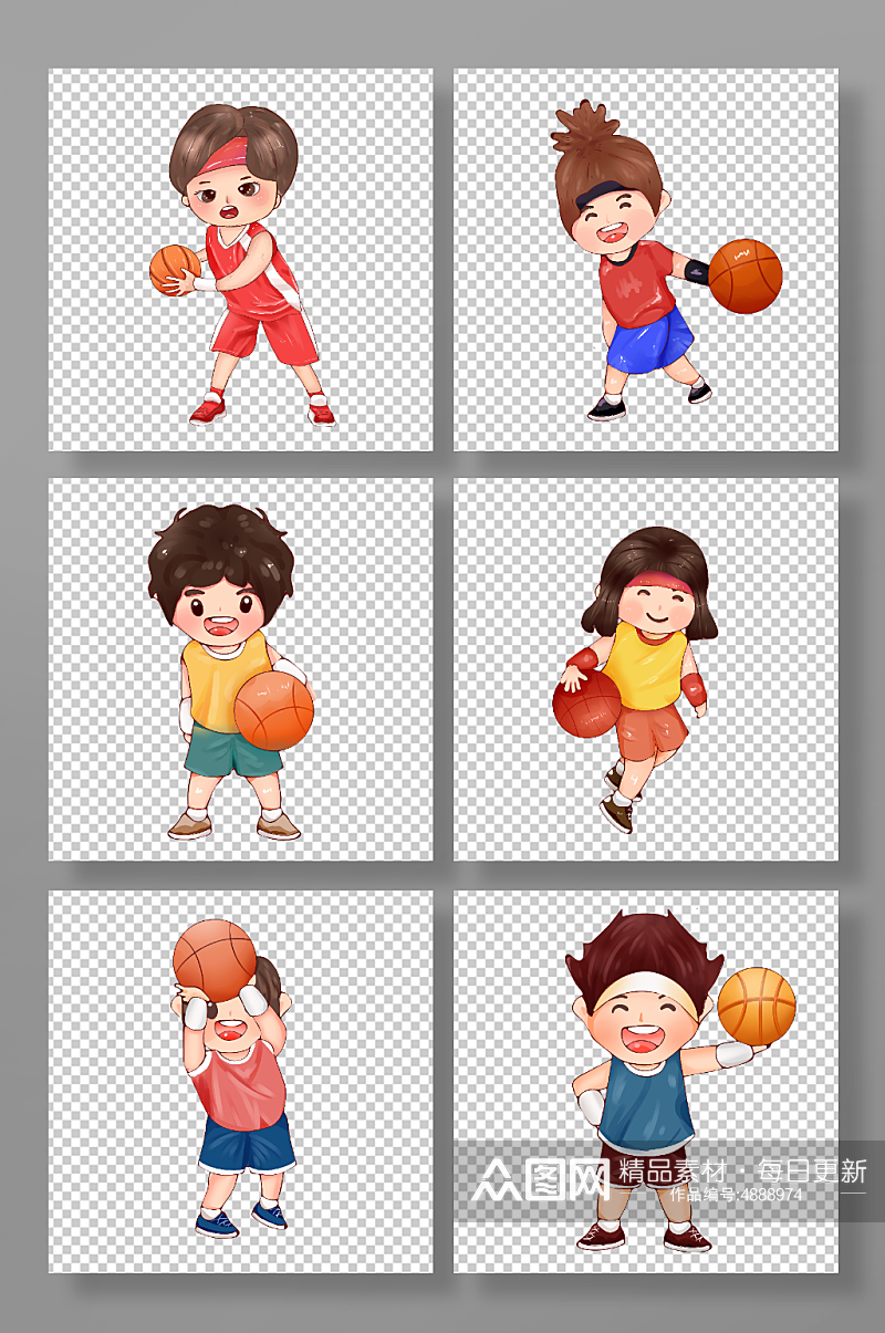 手绘打篮球运动人物元素插画素材