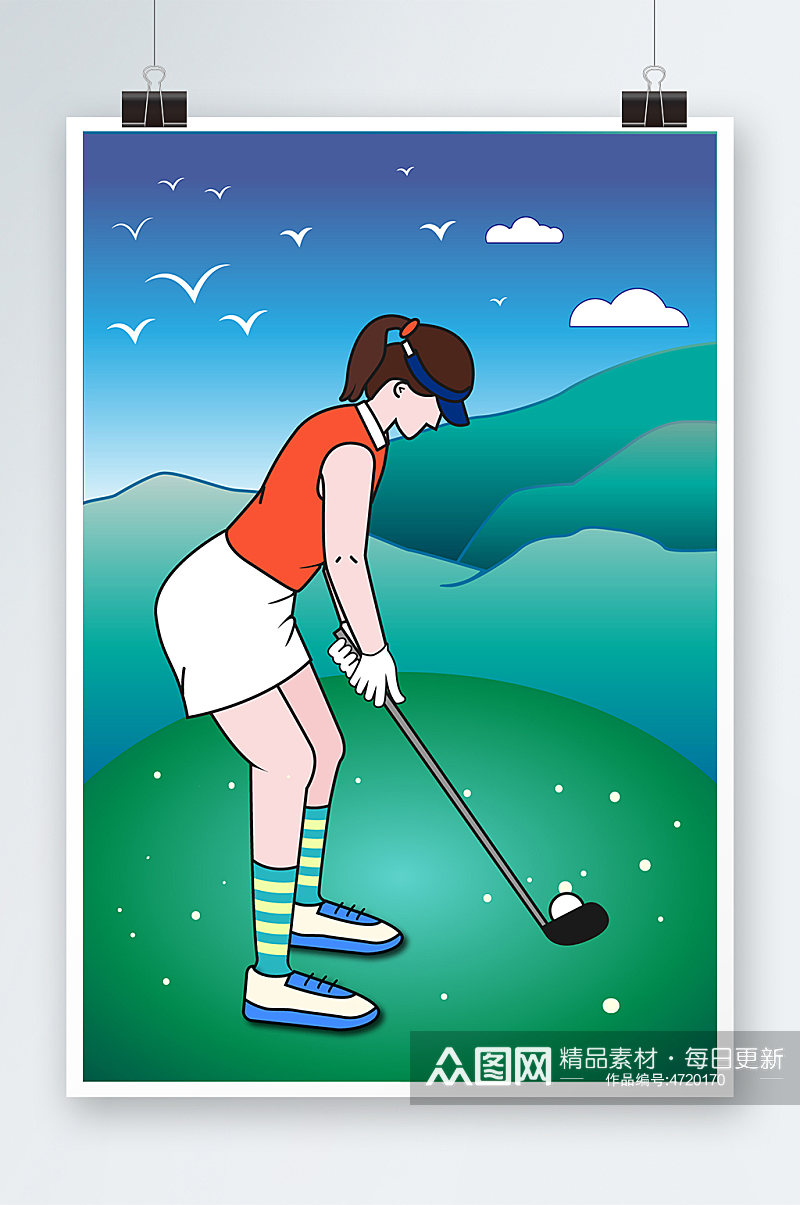 扁平化矢量高尔夫运动女人人物插画素材
