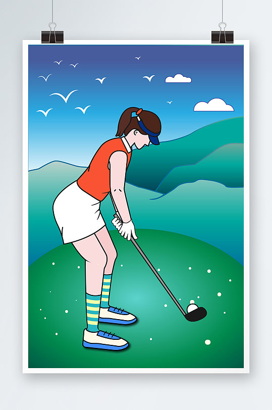 扁平化矢量高尔夫运动女人人物插画