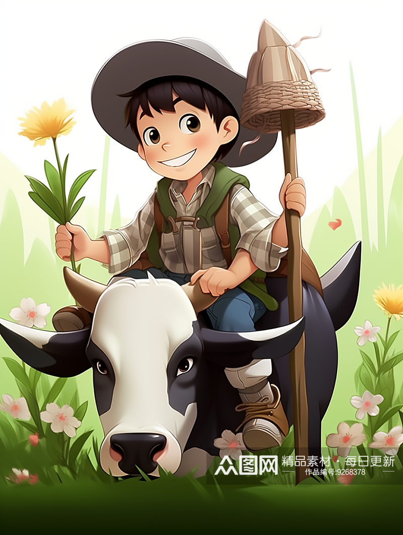 骑牛的卡通小男孩素材