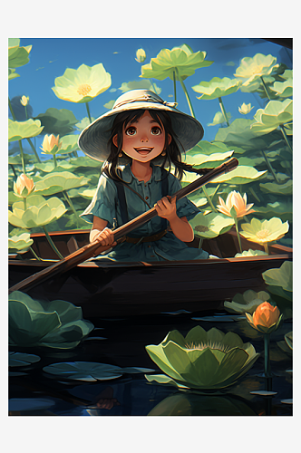 在湖中划船的小女孩