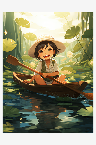 在湖中划船的小女孩