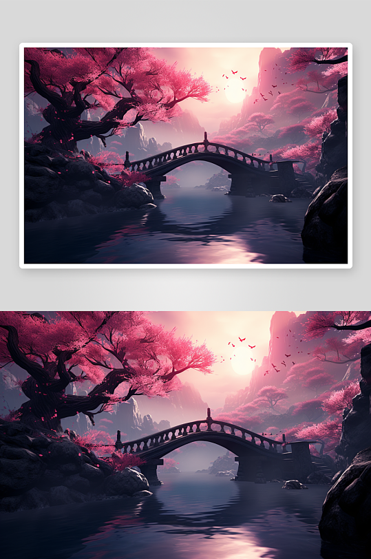 唯美漂亮的樱花木桥场景