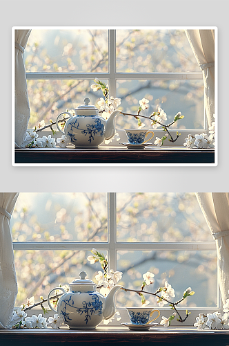 唯美窗台前的茶壶背景