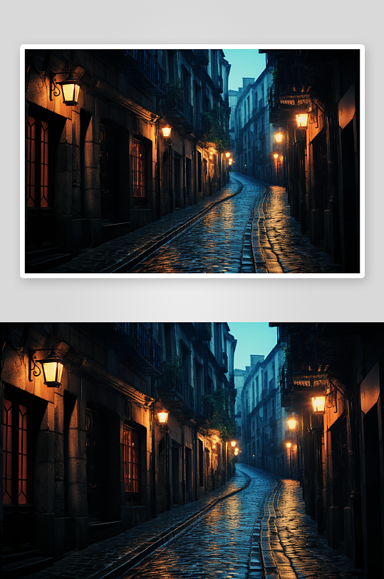 夜空下的城市巷子街道