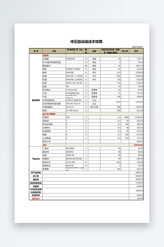 创意生产成本表格模板-众图网