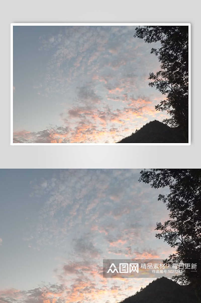 傍晚阳红墨绿树木点点彩云摄影图素材