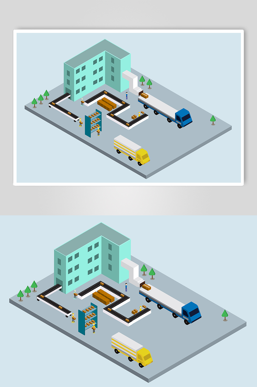 浅色立体工厂仓库工人作业插画素材