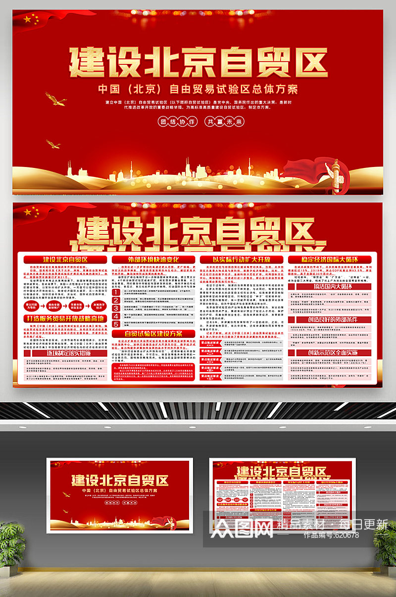 红色建设北京自贸区内容双面展板图片素材