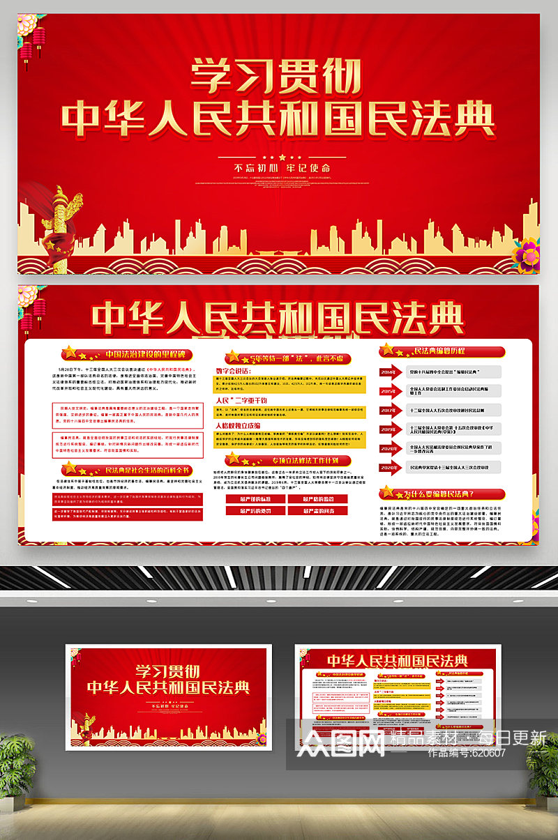 红色喜庆中华人民共和国民法典内容展板素材