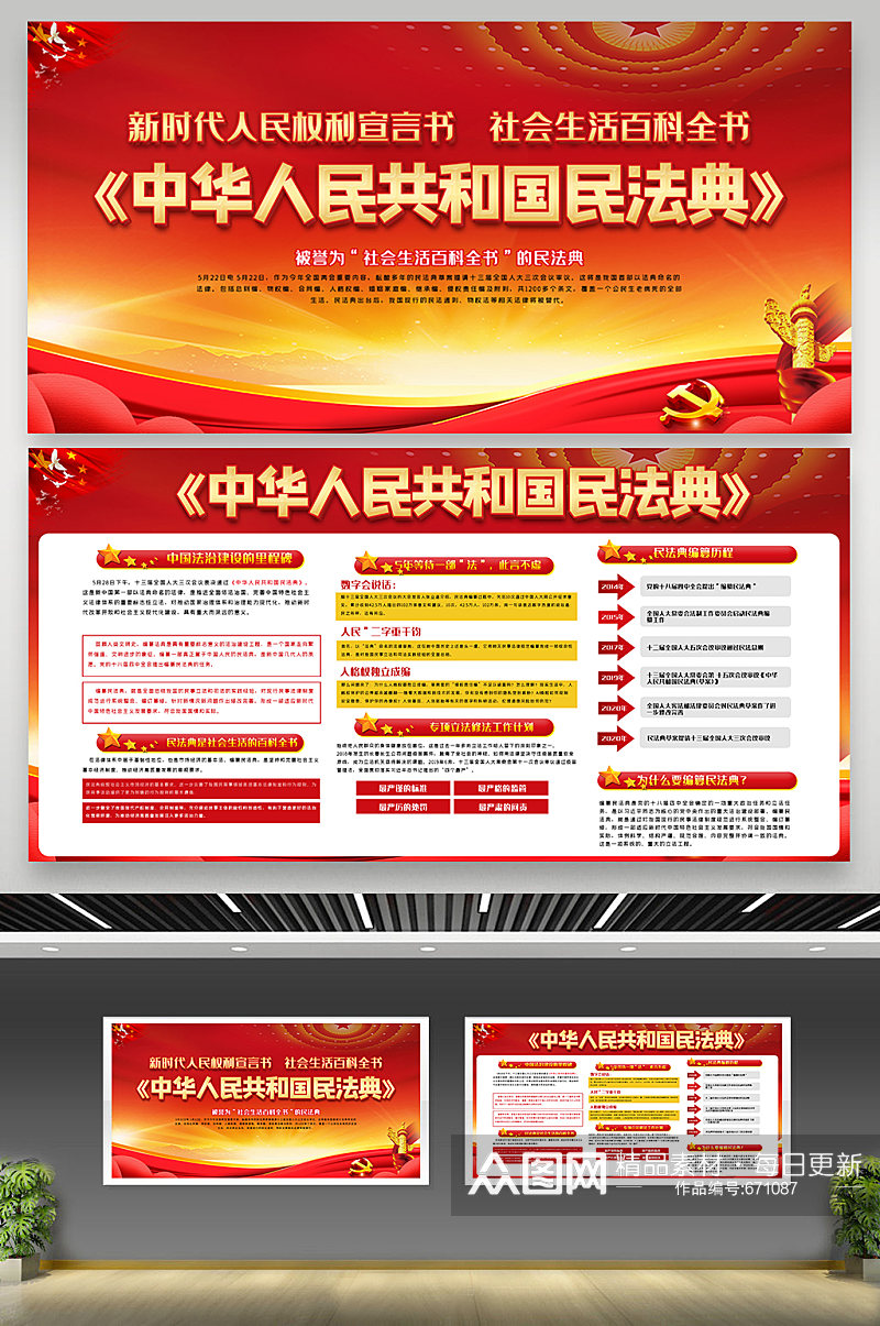 红色中华人民共和国民法典内容知识展板素材
