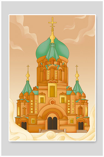 国风圣索菲亚教堂哈尔滨城市地标建筑插画