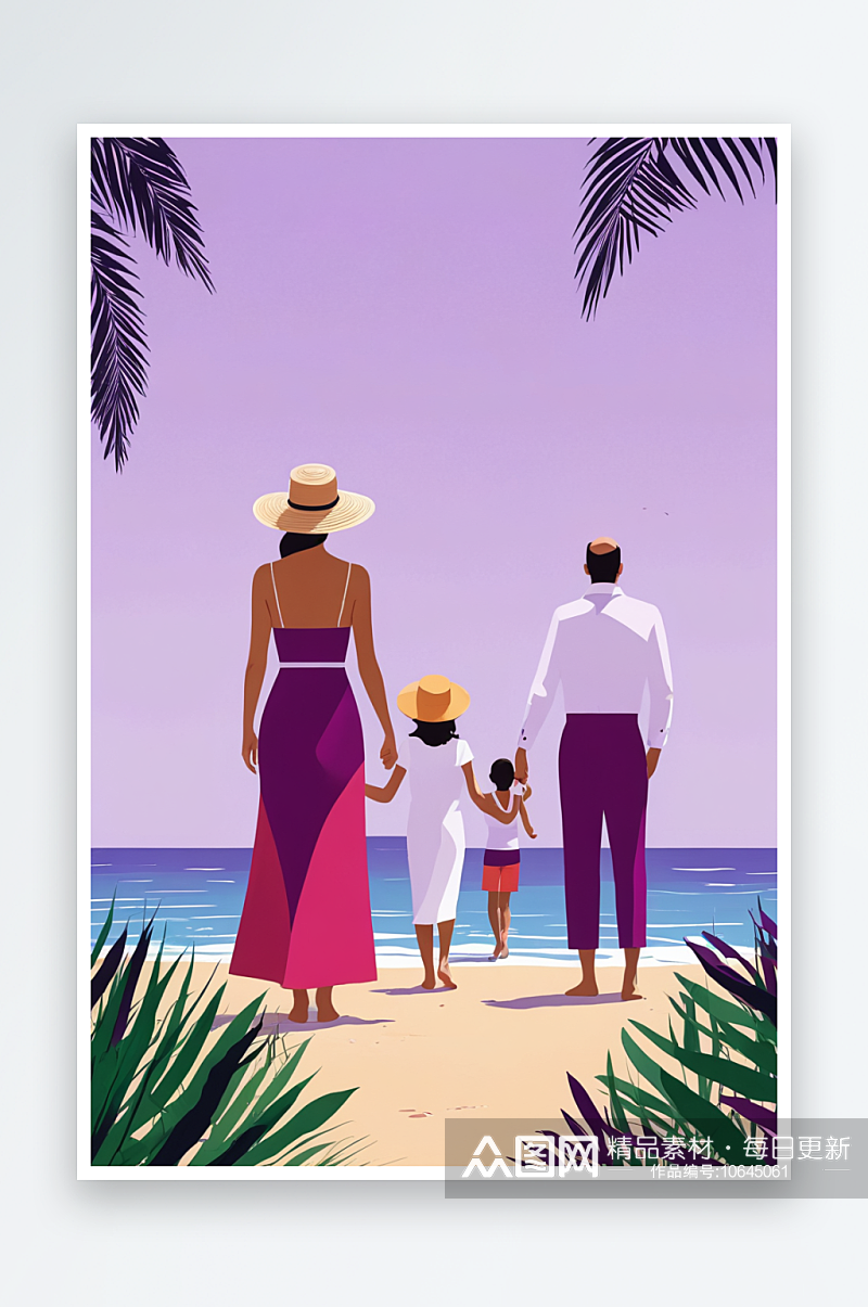 夏天一家人海边度假竖版紫色素材