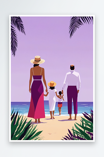 夏天一家人海边度假竖版紫色