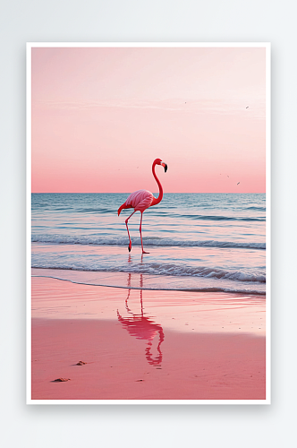夏天粉色火烈鸟在丽沙滩上散步太阳从大海升