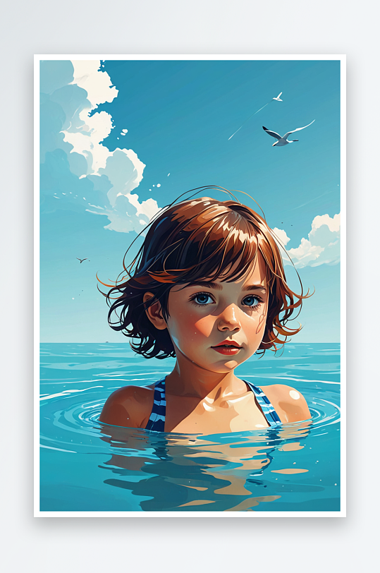 数字艺术夏天在水里游泳的孩子