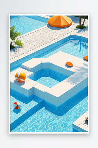 数字艺术夏天游泳池二次元卡通场景