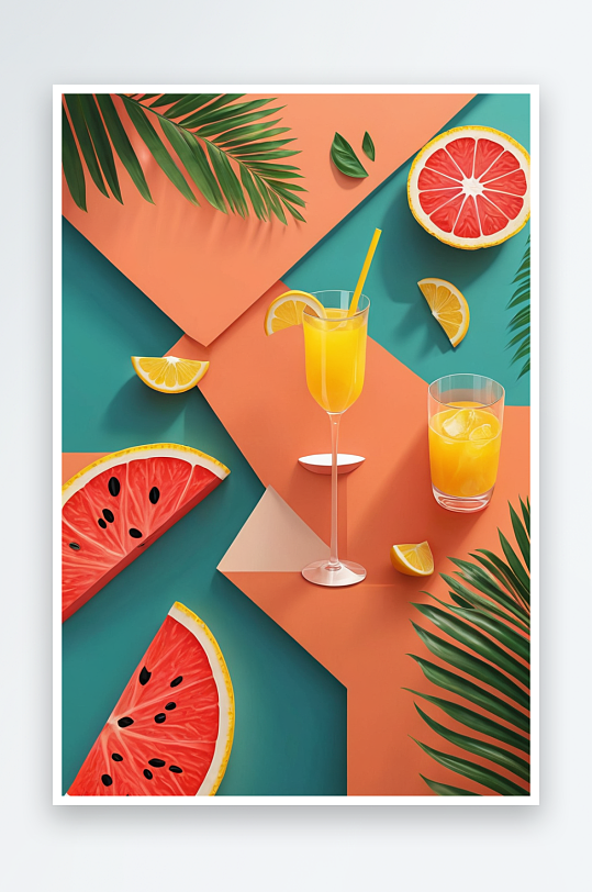 数字艺术夏日清凉派对热带氛围冰爽鸡尾酒阳