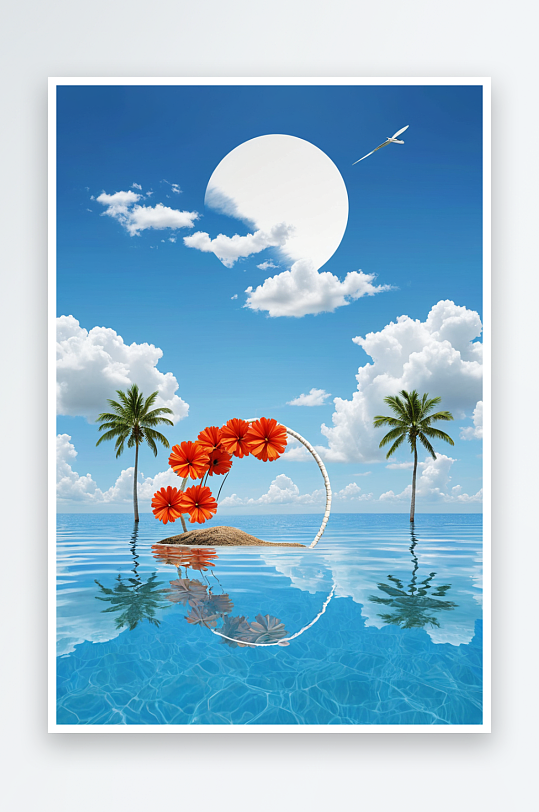 数字艺术海边游泳圈椰子树花朵夏天蓝天白云