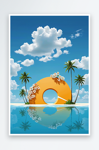 数字艺术海边游泳圈椰子树花朵天空云朵夏天