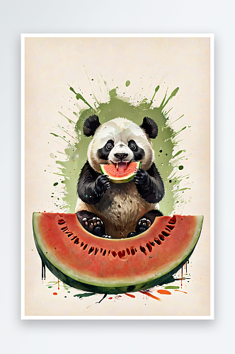 熊猫吃瓜插画图片