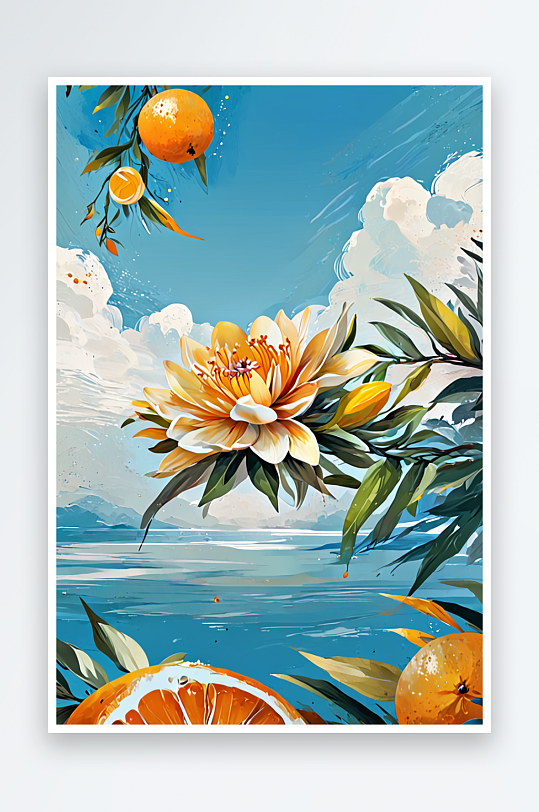 数字艺术手绘风水中的鲜花与柑橘海报